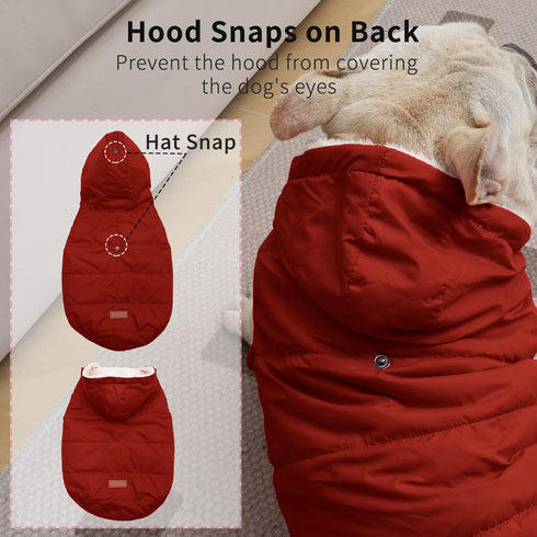 Extra Warm Fleece Lining Dog Hoodie for Large Dogs, Red Jacket with Hood, Size XL for Winter