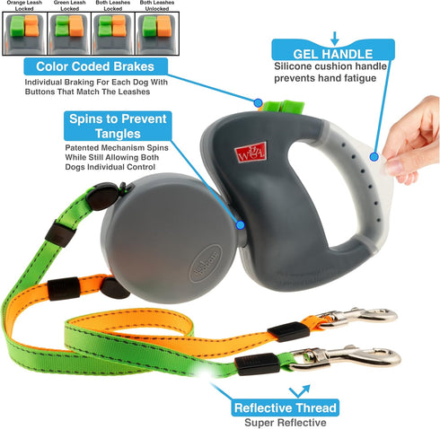 WIGZI Reflective Retractable Pet Leash for Two Dogs, 10ft Each up to 50 lbs, 360 Degree Zero Tangle, Gray
