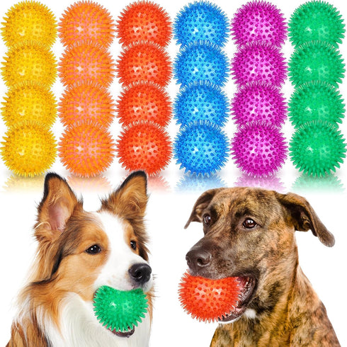 Lenwen 24 Pcs 3.5 Inch Spikey Squeaky Dog Balls - Durable Chew Toys for Medium Large Dogs, Teething Fetch Toys