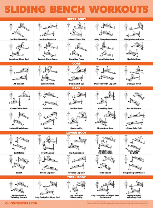Palace Learning Sliding Bench Workout Poster - Incline Bench Exercise Chart for Total Gym, Weider Ultimate Body Works