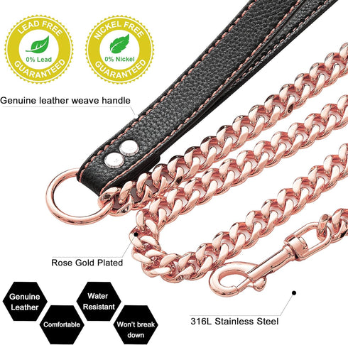 Dog Chain Leash - Rose Gold 15MM Heavy Duty with Leather Padded Handle, 5ft Length for Small Dogs