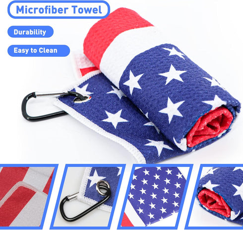 Golf Club Brush and American Flag Golf Towels - Cleaning Kit with Strong Magnet for Golf Clubs or Bag