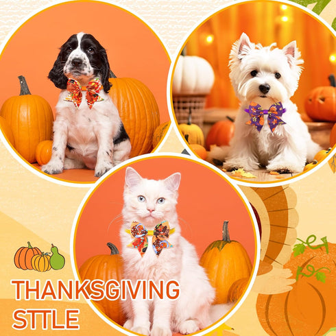 Maitys 40 Pcs Thanksgiving Dog Bow Ties - Autumn Turkey Pumpkin Adjustable Pet Ties for Grooming Accessories