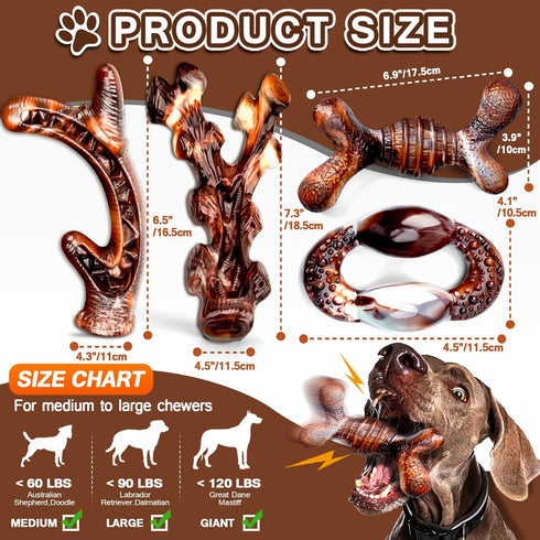 Dog Toys - 4-Pack Indestructible Chew Toys for Aggressive Chewers - Nylon Durable Dog Toys for Medium Large