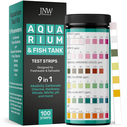 JNW Direct 9-in-1 Aquarium Test Strips - Quick & Accurate Fish Tank Test Kit - 100 Test Strips with eBook