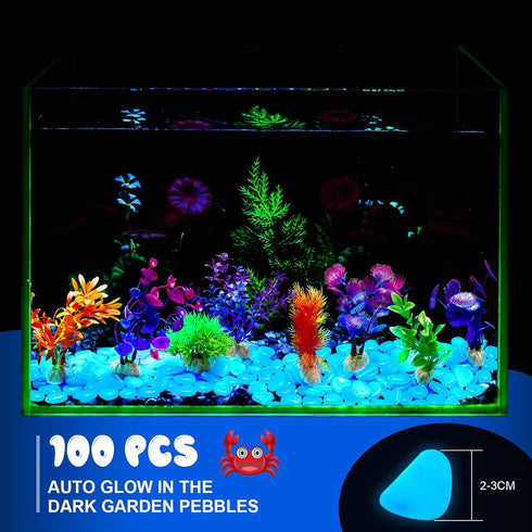 Jexine 100 Pcs Fish Tank Rocks Glow Blue, Fish Tank Stones Accessories with 10 Pack Artificial Aquatic Plants