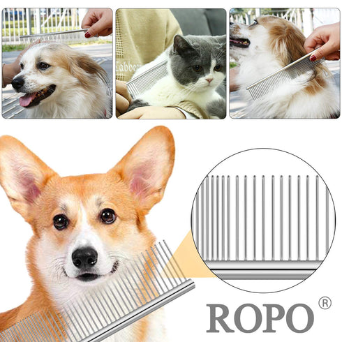 ROPO Dog Comb for Matted Fur - Pet Dematting Comb with Rounded Teeth and Non-Slip Grip Handle