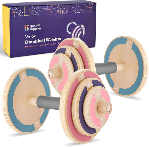Special Supplies Kids Wooden Workout Play Weights Set - Adjustable Dumbbells Set