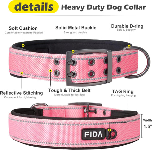 Fida Heavy Duty Dog Collar, 1.5” Width, Ultra Soft Neoprene Padded, Adjustable Reflective Nylon Collar with Two Metal