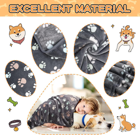 3 Pack Blankets for Dogs, Super Soft Fluffy Fleece, 30x20 inch Grey Flannel Throw for Dog, Puppy, Cat Paw