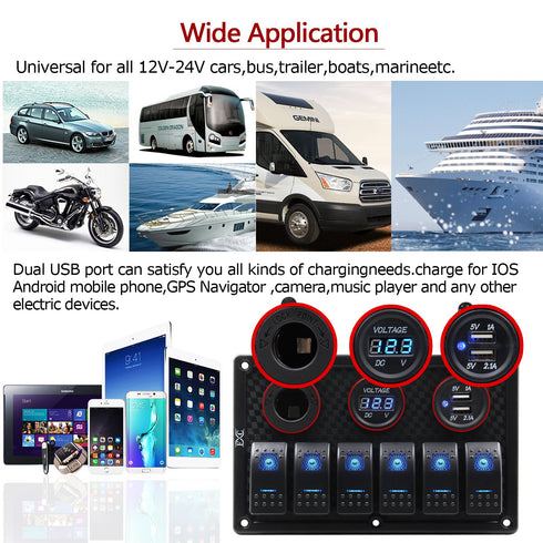 FXC Waterproof Marine Boat Rocker Switch Panel 6 Gang with Dual USB + Cigarette Lighter