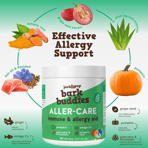 Jack&Pup Dog Allergy Chews, Bark Buddies Aller-Care Soft Chew Bites for Dogs, 60ct Itch Relief and Support