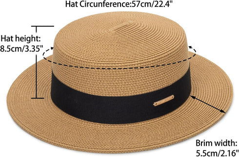Straw Beach Sun Hat for Women Men, Pork-Pie Boater Hat, Summer Wide Brim UV-Rays Panama Hat