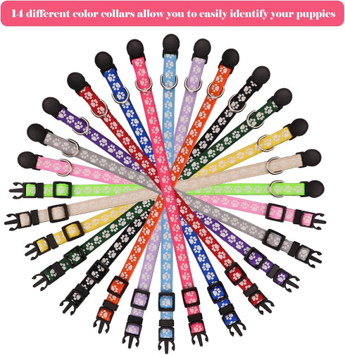14 PCS Puppy Collars - Litter ID Collars Glow in The Dark Whelping Supplies, Soft Nylon Breakaway Colored Collars with
