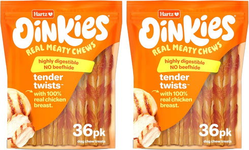 72 Count Hartz Oinkies Tender Twists with Real Chicken Breast Rawhide-Free Dog Treats, Highly Digestible Dog Chews