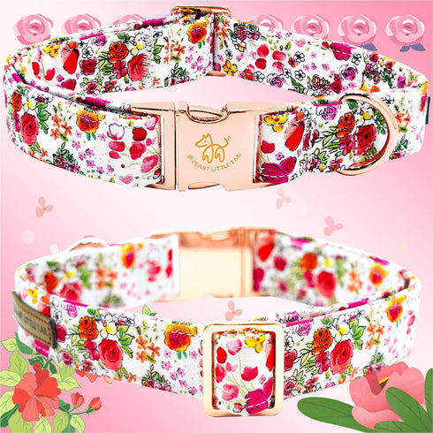 Elegant Little Tail Dog Collar, Pink Floral Print Durable Cotton Collar for X-Large Dogs with Metal Buckle