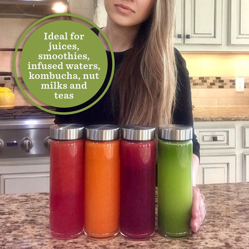 Juice Bottles - 4 Pack Wide Mouth Glass Bottles with Lids for Juicing, Smoothies, 16oz, BPA Free