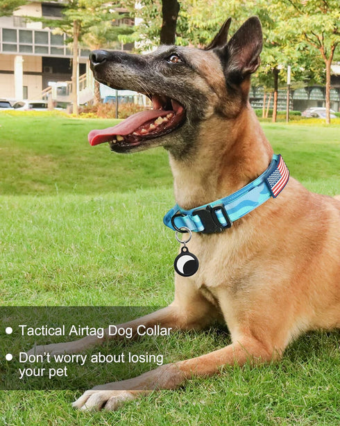 Hotsky Tactical Dog Collar, Adjustable Military Nylon with Handle, Airtag Holder for Medium Large Dogs, Blue Camo, L