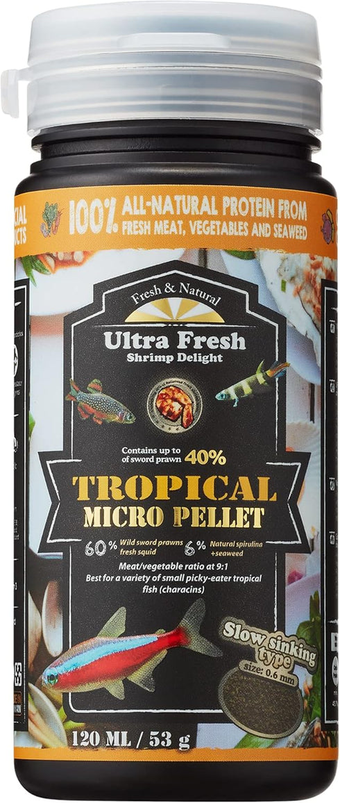 Ultra Fresh Tetra Fish Food, Slow Sinking Tropical Micro Pellet with Wild Sword Prawns and Spirulina, 1.87 oz
