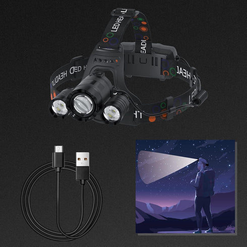 Headlamp Rechargeable 6000 Lumens Super Bright 4 Modes Head Lamp for Outdoor Camping, Hunting, Running, Waterproof