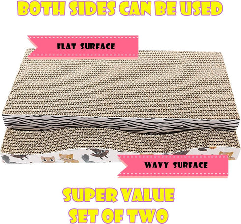 Cat Scratcher Cardboard Wave Scratch Pad with Catnip,Unique Two Different Scratch Side,Corrugate Durable Scratching Pad,Reversible,Two Pcs Set,Cat Scratching Toy Lounge Sofa Bed for Cats