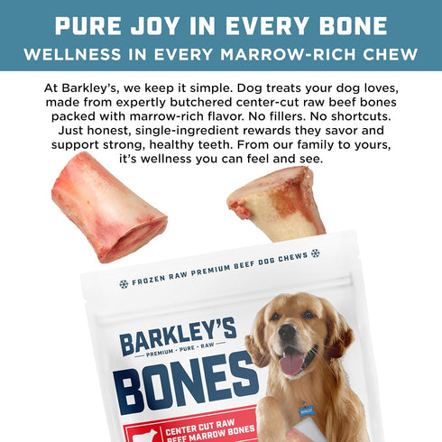 Frozen 4 Count (3 Pack) Barkleys Bag Beef Marrow Bones, Dog Treats, Single Ingredient Center Cut Beef Bone, Raw Natural