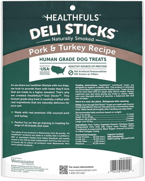 10 Count HEALTHFULS Deli Sticks Pork and Turkey Human-Grade Gluten-Free Soft and Chewy Dog Treats, Bag