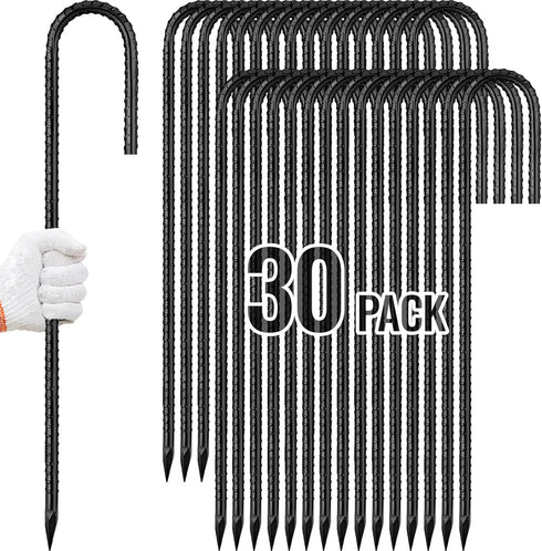 Rebar Stakes 12 Inch, Ground Stakes Heavy Duty J-Hook Black Coated Anti-Rust