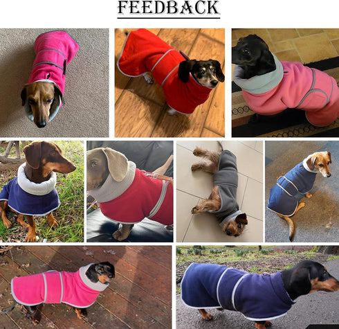 Dachshund Coats Red Fleece Coat for Miniature Sausage Dog with Hook and Loop Closure and Reflective Trim Safety - S