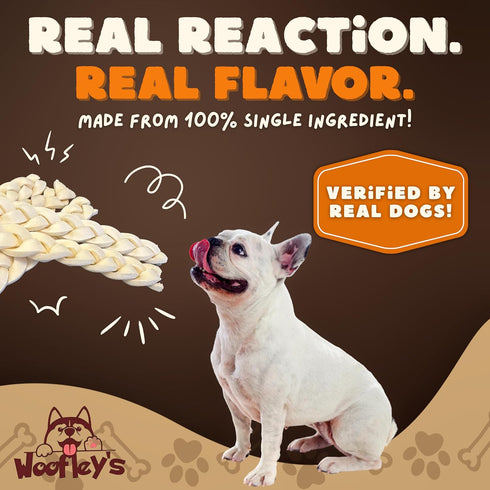 Woofley's 6" (20 Count)- Buffalo Beef Cheek Braids Regular - Beef Cheek Dog Chews - No Hide Bones for Dogs