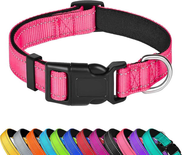 Reflective Dog Collar, Adjustable Soft Neoprene Padded Nylon Collars with Buckle for Extra Large Dogs, Hotpink, XL
