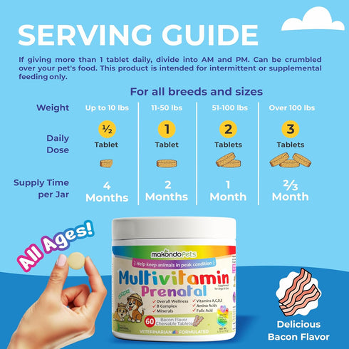 Dog Prenatal Vitamins Multivitamin for Cats & Dogs, Folic Acid, Calcium, Iron, Minerals and Amino Acids. Ideal