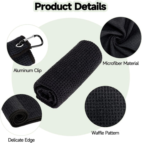 VIVIDLY 3 Pack Microfiber Golf Towels, Waffle Pattern in Black, Blue, Gray - Ideal Men's Golf Gifts