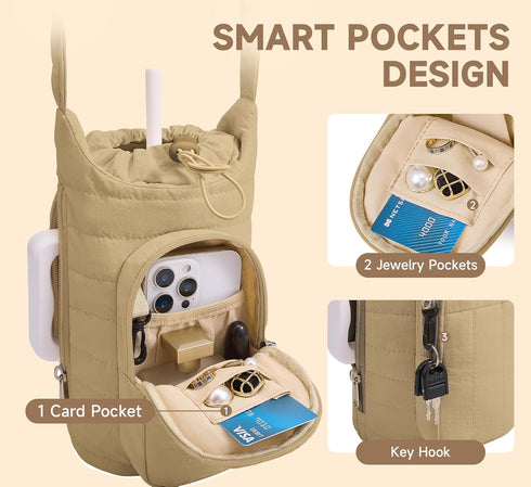 WOOMADA 40/32 oz Water Bottle Holder Bag with Strap, Crossbody Bag Gym Accessories, Sling Purses for Women(Khaki)