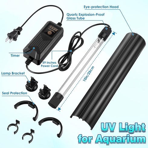 11W Aquarium UV Light for Fish Tank, Submersible Waterproof Sterilizer with Timer and Hood for Algae Control