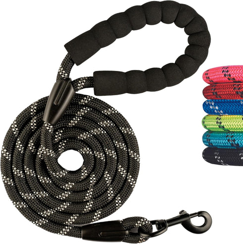 Rope Dog Leash 6 ft, Heavy Duty Reflective Tangle-Free with Padded Handle, Ideal for Walking, Running & Training (Black)
