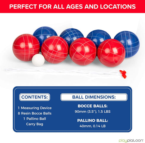Play Platoon Bocce Ball Set, 84mm/90mm/100mm, 8 Premium Bocce Balls, Carry Bag & Measuring Rope