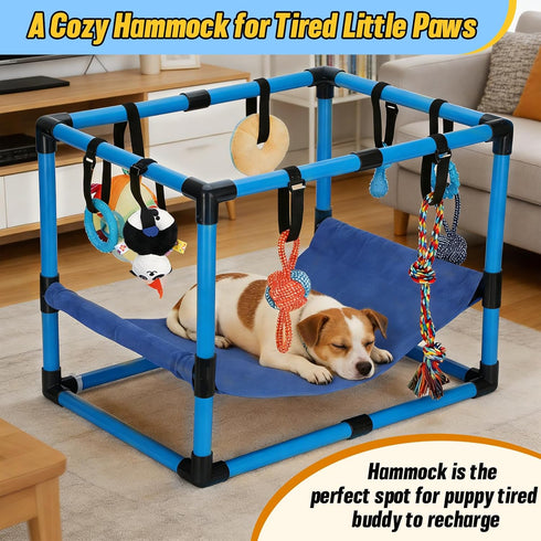 Bullro 8 Hammock Blue Puppy Play Gym with Hanging Toys, Dog Jungle Gym Indoor with and Funny Enrichment Toys, PVC Frame