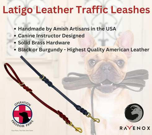 Ravenox Leather Traffic Handle Dog Leash, Burgundy, 5/8-inch x 18-inches, USA Amish Made Latigo Leather Short Lead for