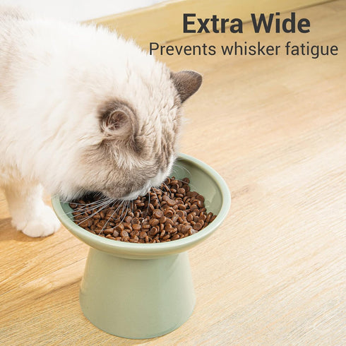 Extra Wide Elevated Cat Bowls - 6.2" Ceramic Cat Food Bowl, Shallow Dish, Whisker Fatigue, Lead & Cadmium Free, Sage