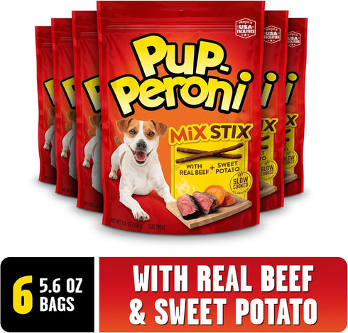 5.6 (Pack 8) Pup-Peroni Dog Treats, Real Beef + Sweet Potato Mix Stix, Ounce