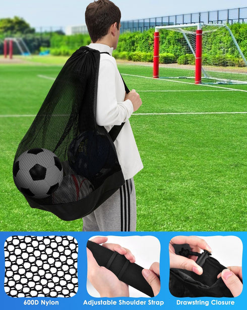 Heavy Duty Soccer Ball Net Bag, 100L Extra Large Capacity for 10-12 Balls, Drawstring Mesh Bag with Zipper Pocket