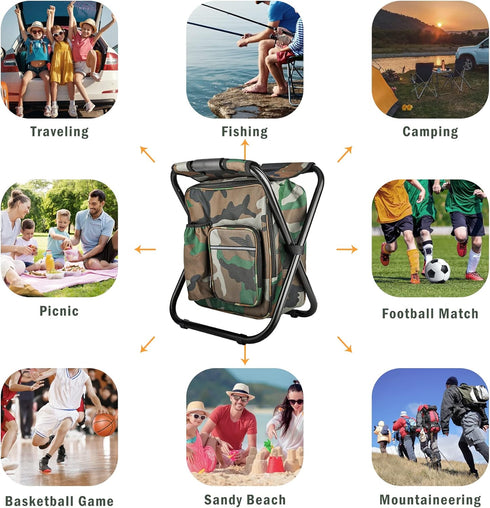 Kikerike Folding Stool Backpack Cooler Bag, Insulated Camping Chair with Front Pocket for Outdoor Events