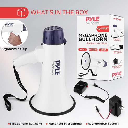 Pyle Compact Portable PA Megaphone Speaker - 50W Handheld Bullhorn with LED Flashlight, Alarm Siren