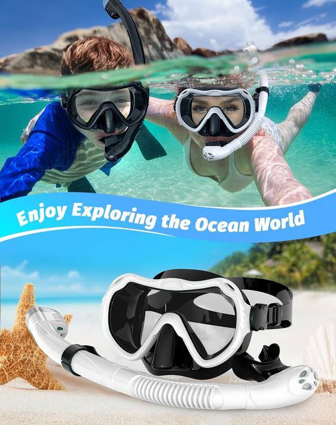Snorkeling Gear for Adults, 180° Panoramic View Snorkel Mask Set, 100% Food-Grade Silicone Anti-Fog Diving Mask