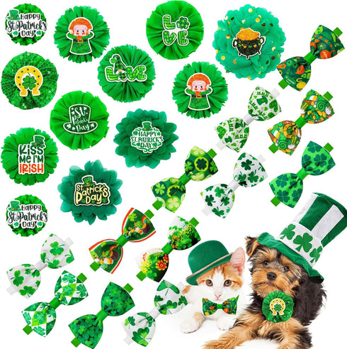 24pcs St. Patrick's Day Dog Bow Ties, Adjustable Green Pet Collar Attachment, Lucky Clover Bowties for Dogs
