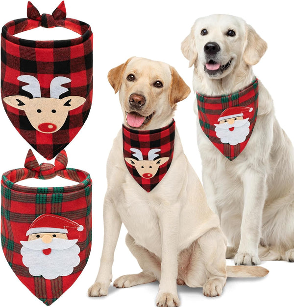 PAWCHIE 2 PCS Christmas Dog Bandanas with Handmade Applique (Santa Claus & Elk), Washable Plaid Scarfs