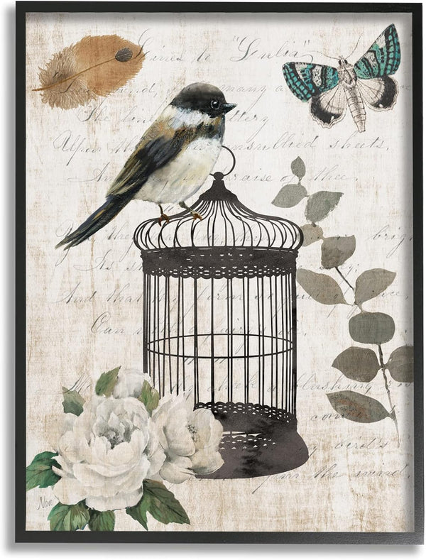 Stupell Industries Framed Wall Art, Vintage Bird Cage Butterfly Floral Script Words, Design By Nan
