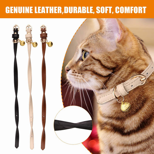 3 Pack Leather Cat Collars with Bells - Soft Pet Safety Kitten Collars in Black, Chocolate, Beige (XS)