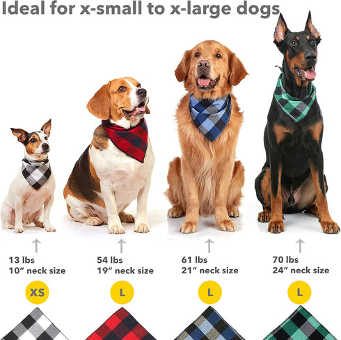 Dog Bandana 4 Pack, Premium Durable Soft Fabric, Buffalo Plaid Scarf for Small Dogs, Cats, Black, White, Red, Green,